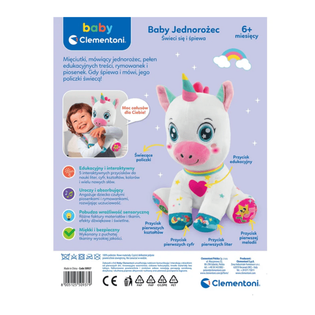 Saldus interaktyvus pliušinis vienaragis, šviečia ir dainuoja lenkų kalba Clementoni 50937 5
