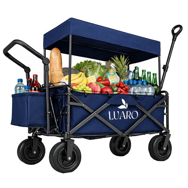 LUARO paplūdimio transportavimo vežimėlis sulankstomas su stogeliu ir tinkleliu tamsiai mėlyna