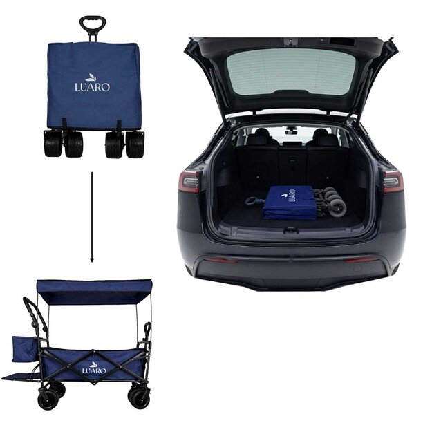 LUARO paplūdimio transportavimo vežimėlis sulankstomas su stogeliu ir tinkleliu tamsiai mėlyna