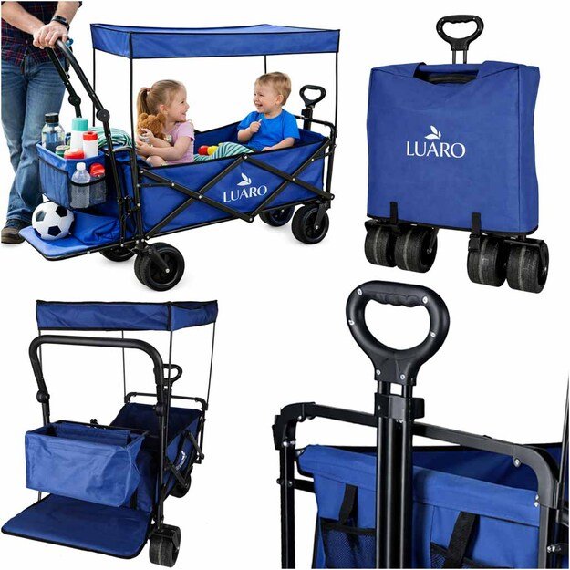 LUARO paplūdimio transportavimo vežimėlis sulankstomas su stogeliu ir tinkleliu tamsiai mėlyna