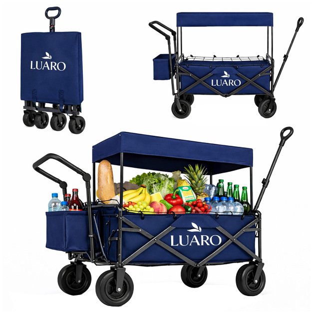 LUARO paplūdimio transportavimo vežimėlis sulankstomas su stogeliu ir tinkleliu tamsiai mėlyna