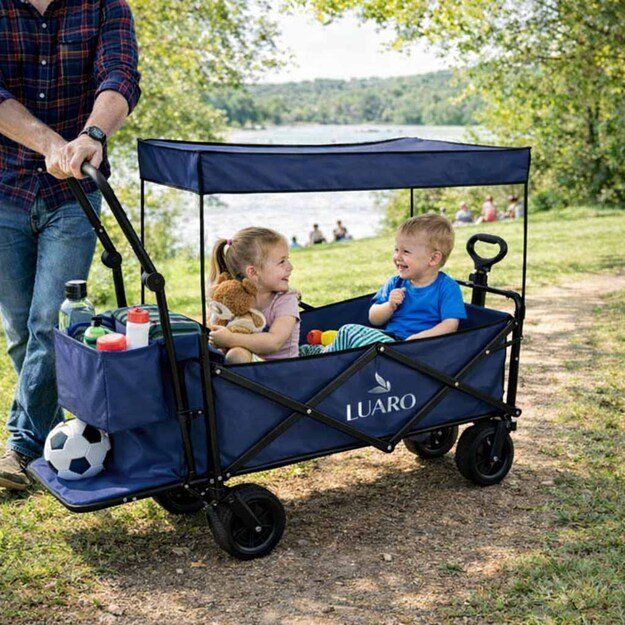 LUARO paplūdimio transportavimo vežimėlis sulankstomas su stogeliu ir tinkleliu tamsiai mėlyna