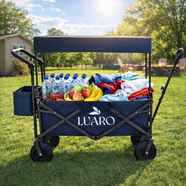 LUARO paplūdimio transportavimo vežimėlis sulankstomas su stogeliu ir tinkleliu tamsiai mėlyna 5