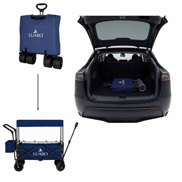 LUARO paplūdimio transportavimo vežimėlis sulankstomas su stogeliu ir tinkleliu tamsiai mėlyna