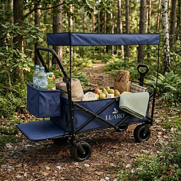 LUARO paplūdimio transportavimo vežimėlis sulankstomas su stogeliu ir tinkleliu tamsiai mėlyna