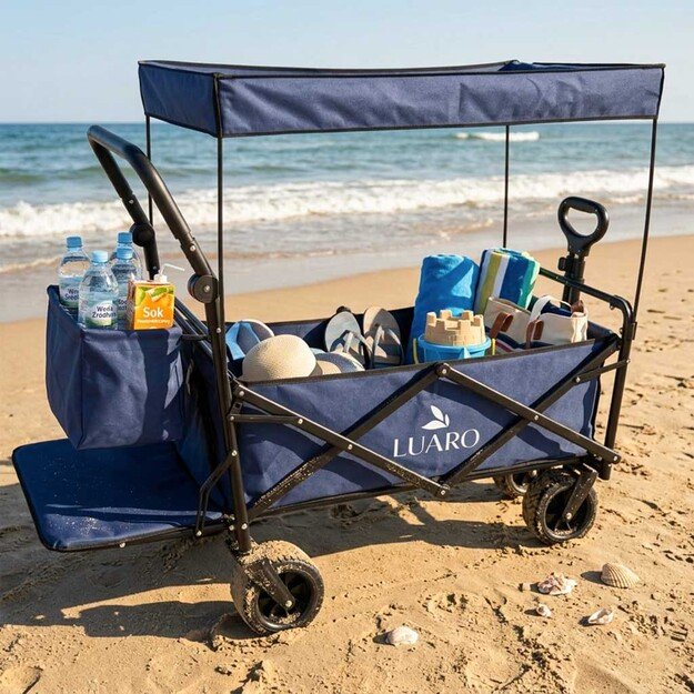 LUARO paplūdimio transportavimo vežimėlis sulankstomas su stogeliu ir tinkleliu tamsiai mėlyna