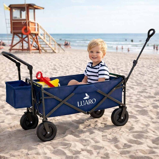 LUARO paplūdimio transportavimo vežimėlis sulankstomas su stogeliu ir tinkleliu tamsiai mėlyna 9