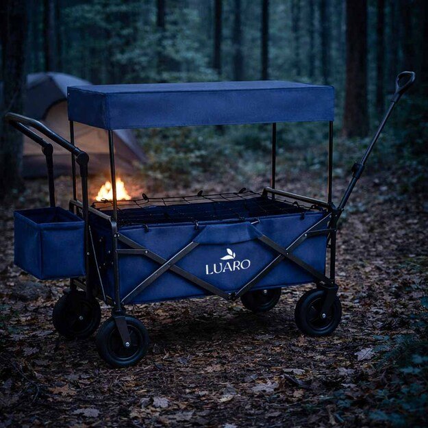 LUARO paplūdimio transportavimo vežimėlis sulankstomas su stogeliu ir tinkleliu tamsiai mėlyna 10