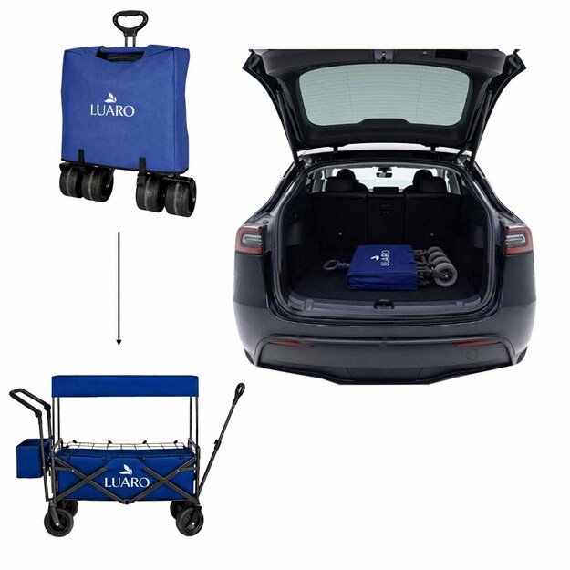 LUARO paplūdimio transportavimo vežimėlis sulankstomas su stogeliu ir tinkleliu tamsiai mėlyna