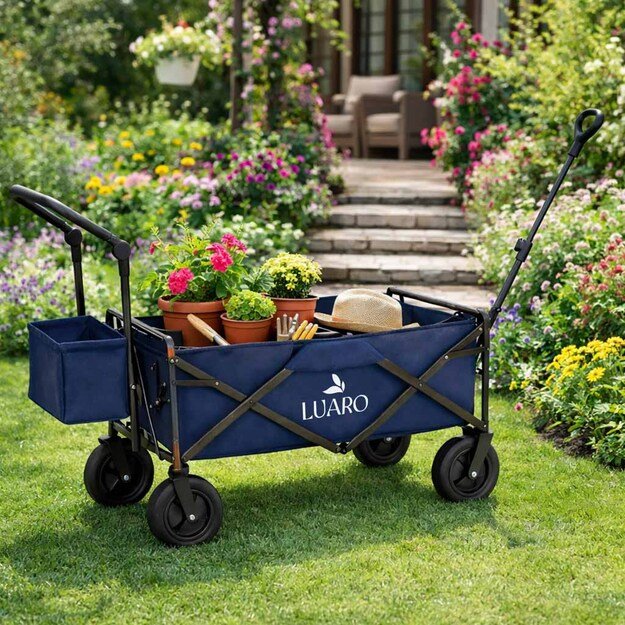 LUARO paplūdimio transportavimo vežimėlis sulankstomas su stogeliu ir tinkleliu tamsiai mėlyna 8