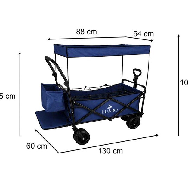 LUARO paplūdimio transportavimo vežimėlis sulankstomas su stogeliu ir tinkleliu tamsiai mėlyna