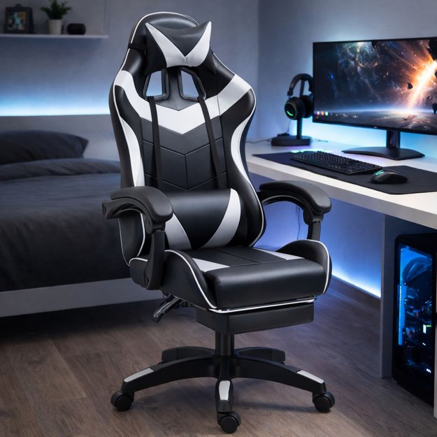 LEAN žaidimų kėdė, juodos ir baltos spalvos