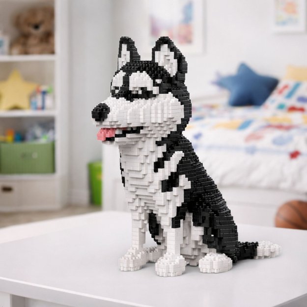 Haskių šunų konstruktorių rinkinys, juodos ir baltos 3D figūrėlės, 1900 vnt.