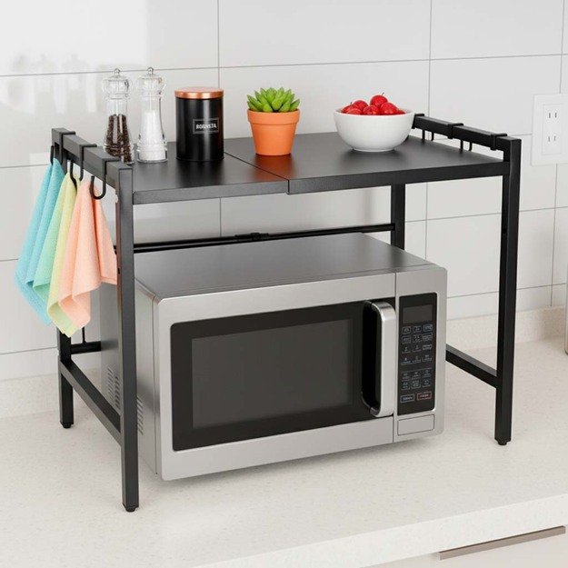Virtuvės lentyna vir&scaron; mikrobangų krosnelės reguliuojamas metalinis organizatorius 6 pakabos