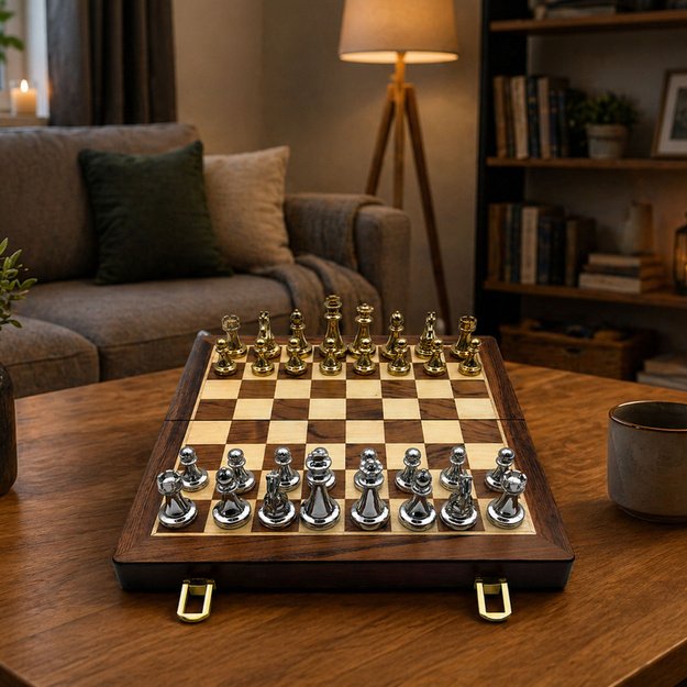 Metal Chess Pieces Set Strategy Game Foldable Board
