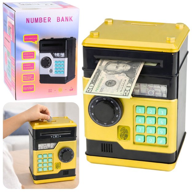 ATM Electronic Safe Piggy Bank Lights Sounds PIN Code Gold