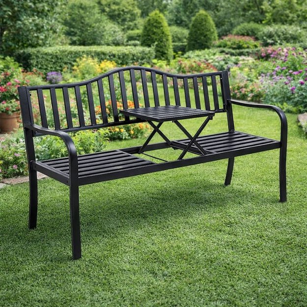 Garden Bench Terrace Garden Metal 2-3 Seater Table Black 150 cm