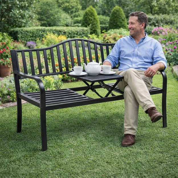 Garden Bench Terrace Garden Metal 2-3 Seater Table Black 150 cm