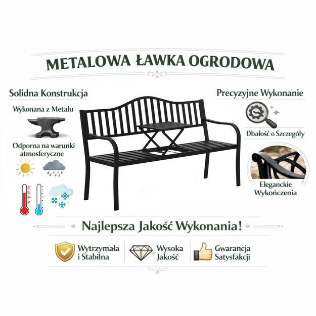 Garden Bench Terrace Garden Metal 2-3 Seater Table Black 150 cm