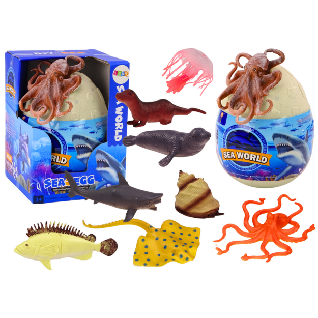 Egg with figurines of marine animals, plants and octopus. Set of 26 pieces.
