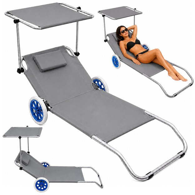 Garden Beach Deckchair on Wheels with Folding Canopy, Aluminum, Gray