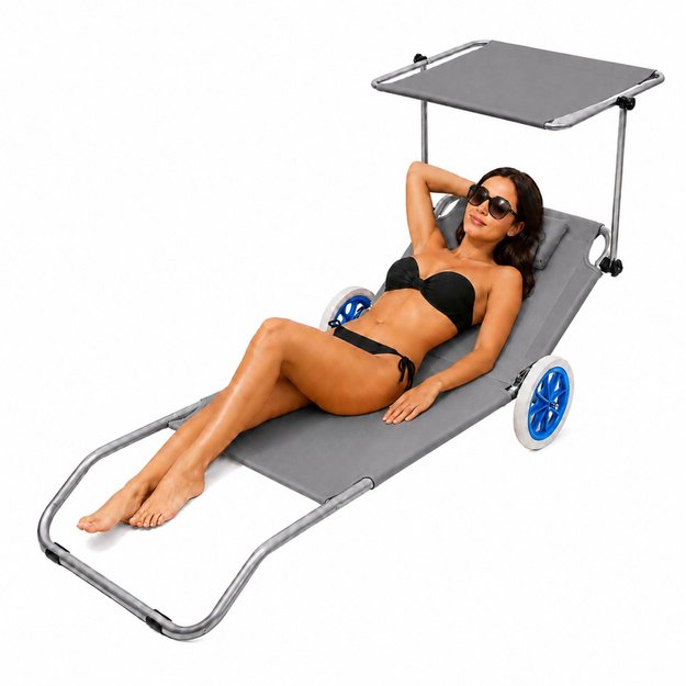 Garden Beach Deckchair on Wheels with Folding Canopy, Aluminum, Gray