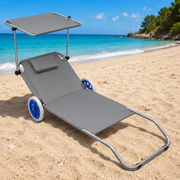 Garden Beach Deckchair on Wheels with Folding Canopy, Aluminum, Gray