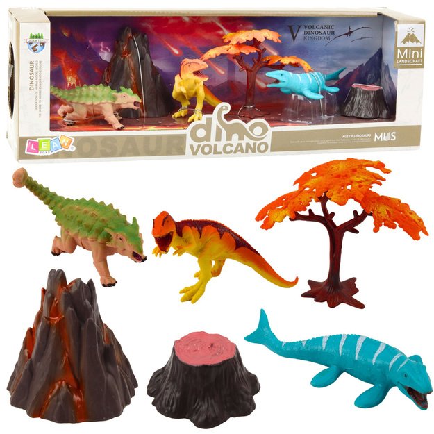 Set of Realistic Dinosaurs Volcano Tree Figurines 6pcs