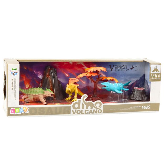 Set of Realistic Dinosaurs Volcano Tree Figurines 6pcs 3