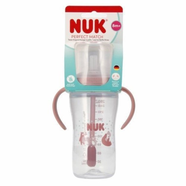 NUK „Perfect Match“ mokomasis buteliukas su šiaudeliu, 260 ml, „Meškiukas“
