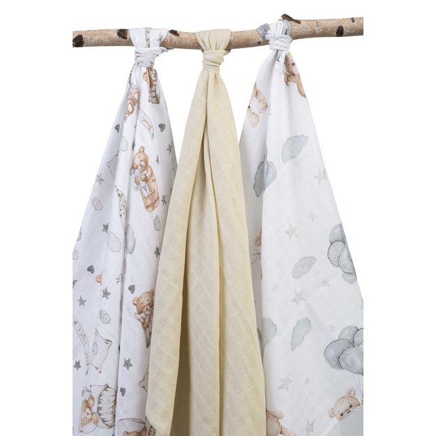 Muslin Diaper Grey-Beige Sleepy Bear (Pack - 3 pcs)