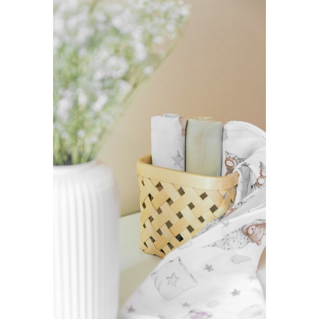 Muslin Diaper Grey-Beige Sleepy Bear (Pack - 3 pcs)