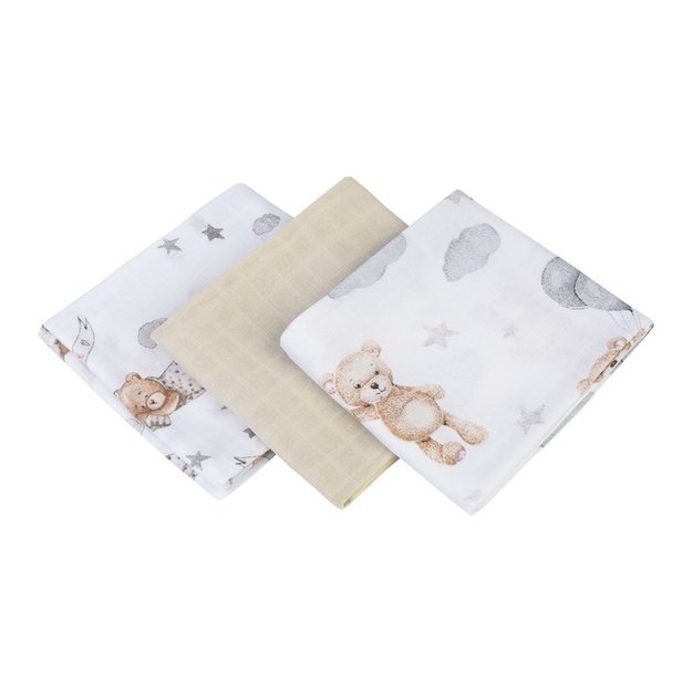 Muslin Diaper Grey-Beige Sleepy Bear (Pack - 3 pcs)