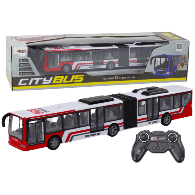 Nuotoliniu būdu valdomas RC miesto autobusas raudonos ir baltos spalvos