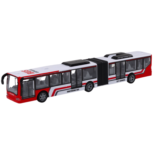 Nuotoliniu būdu valdomas RC miesto autobusas raudonos ir baltos spalvos