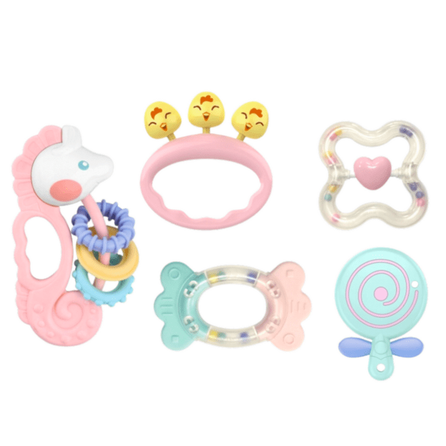 Kūdikiams skirtų sensorinių barškučių rinkinys rožinės spalvos 5 vnt. 1