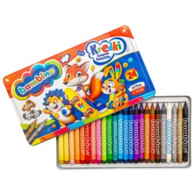 Colored crayons in a metal box, 24 colors