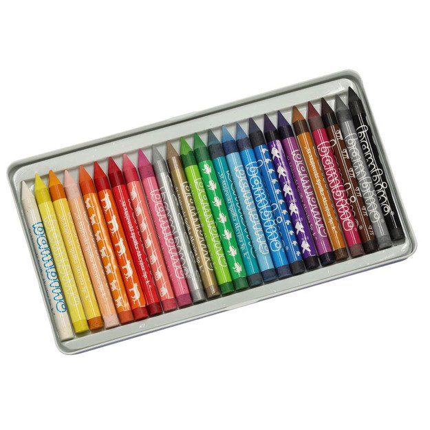 Colored crayons in a metal box, 24 colors