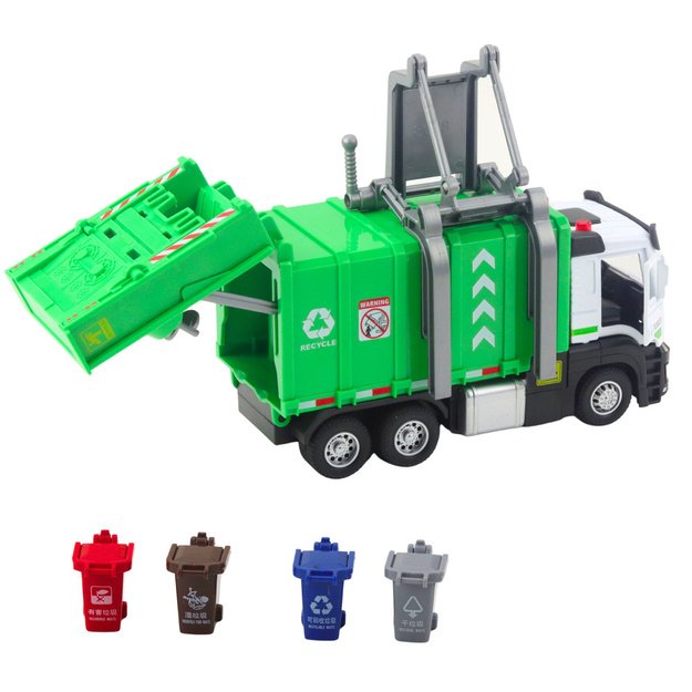 Garbage Truck with Motor 4 Garbage Bins Lights Sounds Green 2