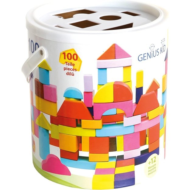 Spalvotos medinės kaladėlės, 12 mėn+, 100 vnt