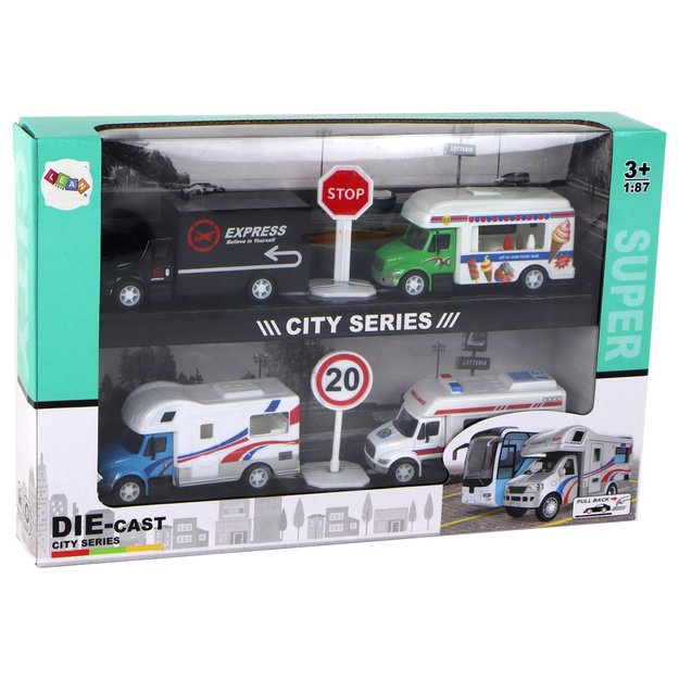 Kemperis, sunkvežimis, greitoji pagalba ir ledainė – 4 automobilių rinkinys su trinties pavara 1:87 A 4