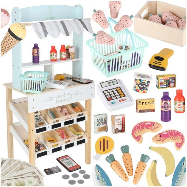 MEDINĖ VAIKIŠKA PARDUOTUVĖ SU KASOS APARATU – INTERAKTYVUS SUPERMARKETO RINKINYS