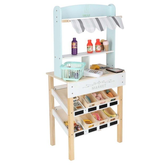 MEDINĖ VAIKIŠKA PARDUOTUVĖ SU KASOS APARATU – INTERAKTYVUS SUPERMARKETO RINKINYS 2