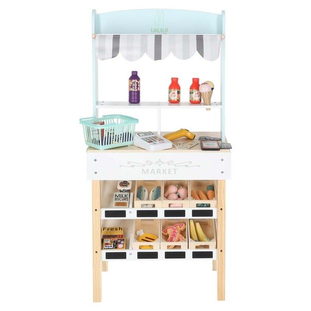 MEDINĖ VAIKIŠKA PARDUOTUVĖ SU KASOS APARATU – INTERAKTYVUS SUPERMARKETO RINKINYS 3