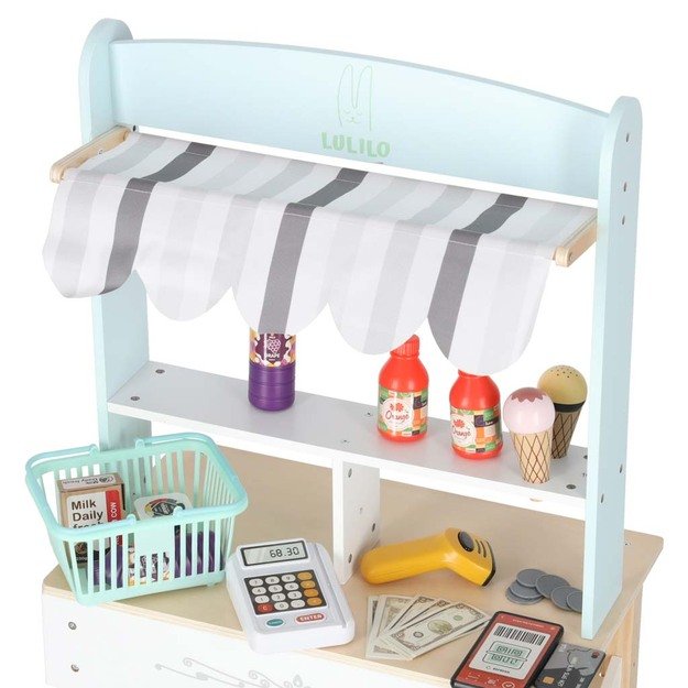 MEDINĖ VAIKIŠKA PARDUOTUVĖ SU KASOS APARATU – INTERAKTYVUS SUPERMARKETO RINKINYS 5