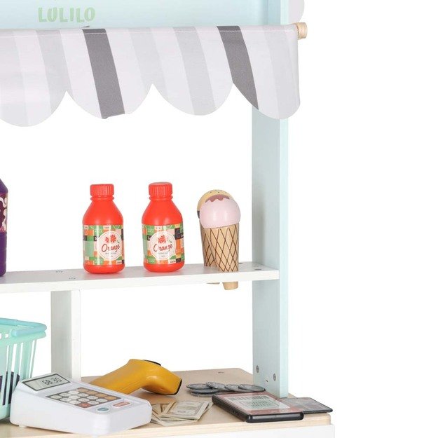 MEDINĖ VAIKIŠKA PARDUOTUVĖ SU KASOS APARATU – INTERAKTYVUS SUPERMARKETO RINKINYS 7