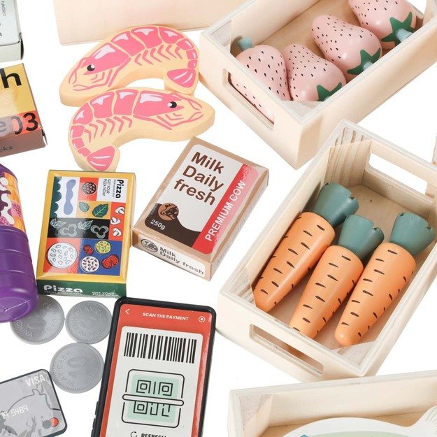 MEDINĖ VAIKIŠKA PARDUOTUVĖ SU KASOS APARATU – INTERAKTYVUS SUPERMARKETO RINKINYS 12