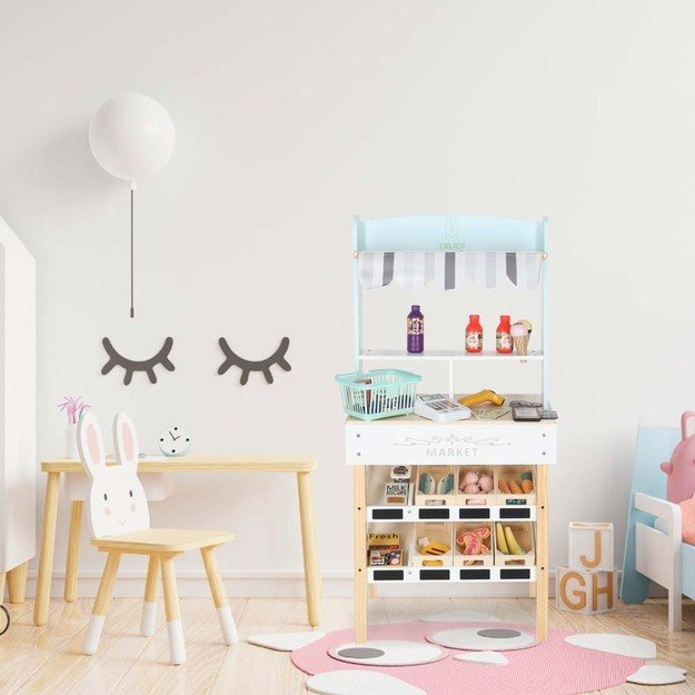 MEDINĖ VAIKIŠKA PARDUOTUVĖ SU KASOS APARATU – INTERAKTYVUS SUPERMARKETO RINKINYS 13