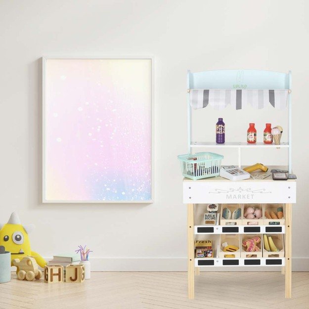 MEDINĖ VAIKIŠKA PARDUOTUVĖ SU KASOS APARATU – INTERAKTYVUS SUPERMARKETO RINKINYS 14