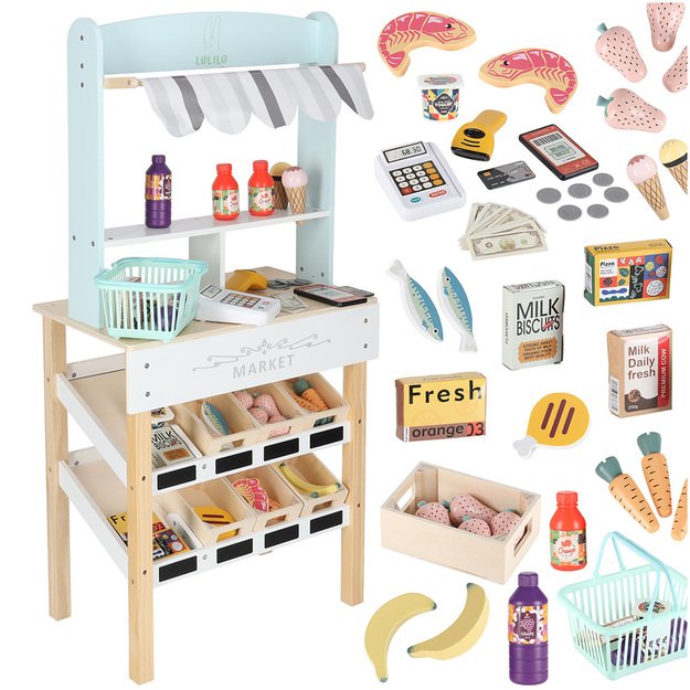 MEDINĖ VAIKIŠKA PARDUOTUVĖ SU KASOS APARATU – INTERAKTYVUS SUPERMARKETO RINKINYS 15